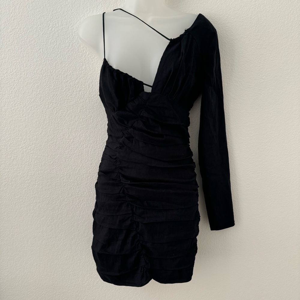 zara black one shoulder asymmetrical cutout long sleeve linen mini dress